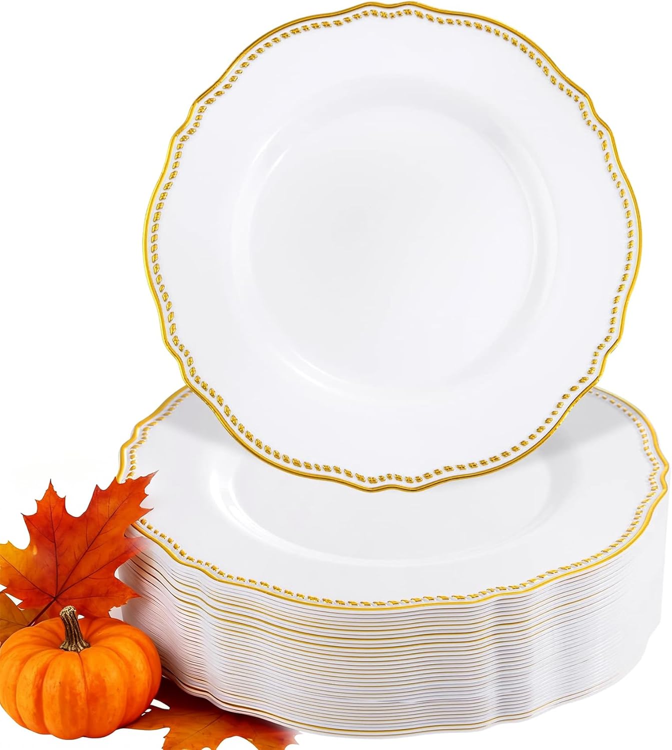Hioasis 60pcs Gold Plastic Plates - White and Gold Disposable Dinnerware with Gold Rim, Heavy-duty, 7.5 inch, Dessert Plates for Party & Thanksgiving