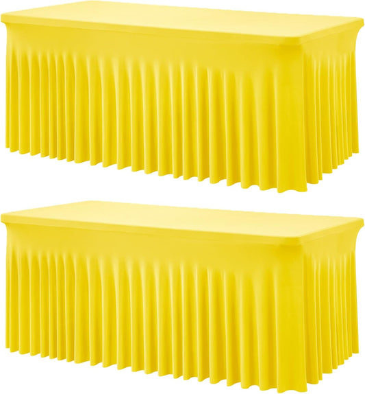 2 Pack Yellow Spandex Table Clothes for 6 Foot Rectangle Tables, Wrinkle Free Lemon Fitted Table Cover 6ft Stretch Tablecloths Desk Skirt for Parties Weddings Birthday Banquet Baby Shower