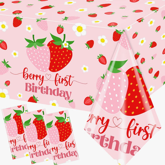 Berry First Birthday Decor, 3Pcs Strawberry Tablecloth Plastic Table Cover Strawberry 1st Birthday Decorations for Girl