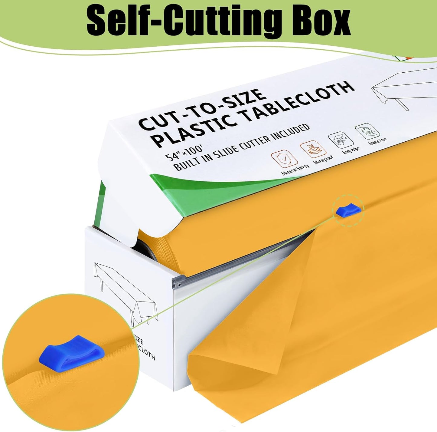 Smiry 54 Inch x 100 Feet Disposable Table Cover Roll, Mustard Yellow Plastic Table Cloth in Cut-to-Size Box with Slide Cutter, Waterproof Rectangle Tablecloths for Weddings, Banquets, Outdoor