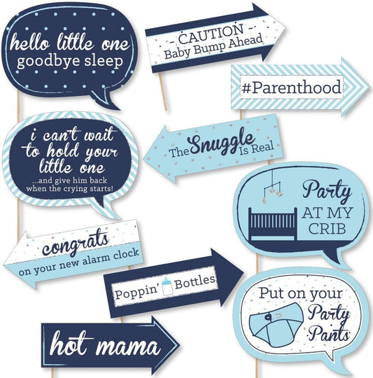 Big Dot of Happiness Funny Blue and Silver - Hello Little One - Boy Baby Shower Photo Booth Props Kit - 10 Piece