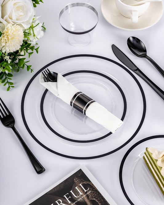 350Pcs Plastic Plates for Party, Disposable Clear Black Dinnerware Set for 50 Guests,100 Plastic Plates,50 Cups, 50 Pre-Rolled Napkins with Cutlery for Party, Wedding, Thanksgiving, Christmas