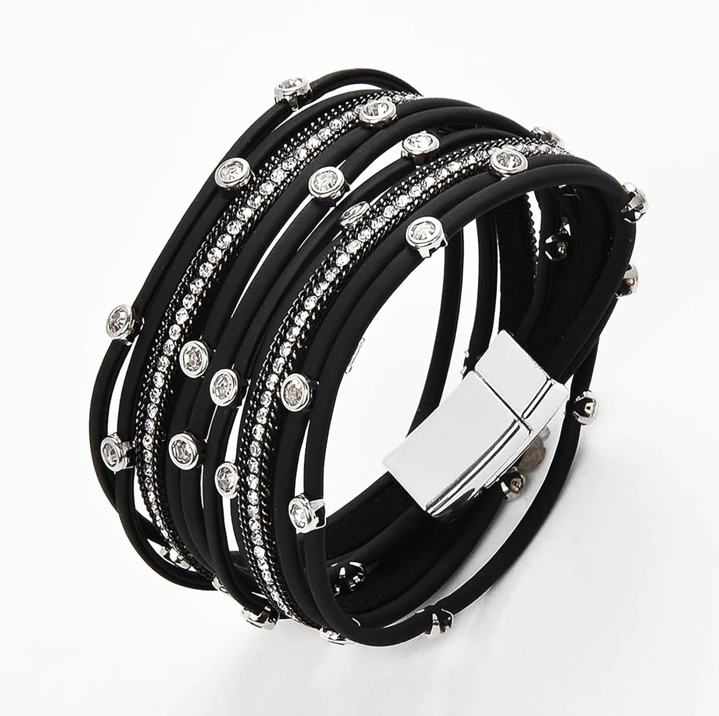 Fesciory Leopard Bracelet for Women, Boho Leather Wrap Multi-Layer Pearl Crystal Bracelet Bangle Jewelry