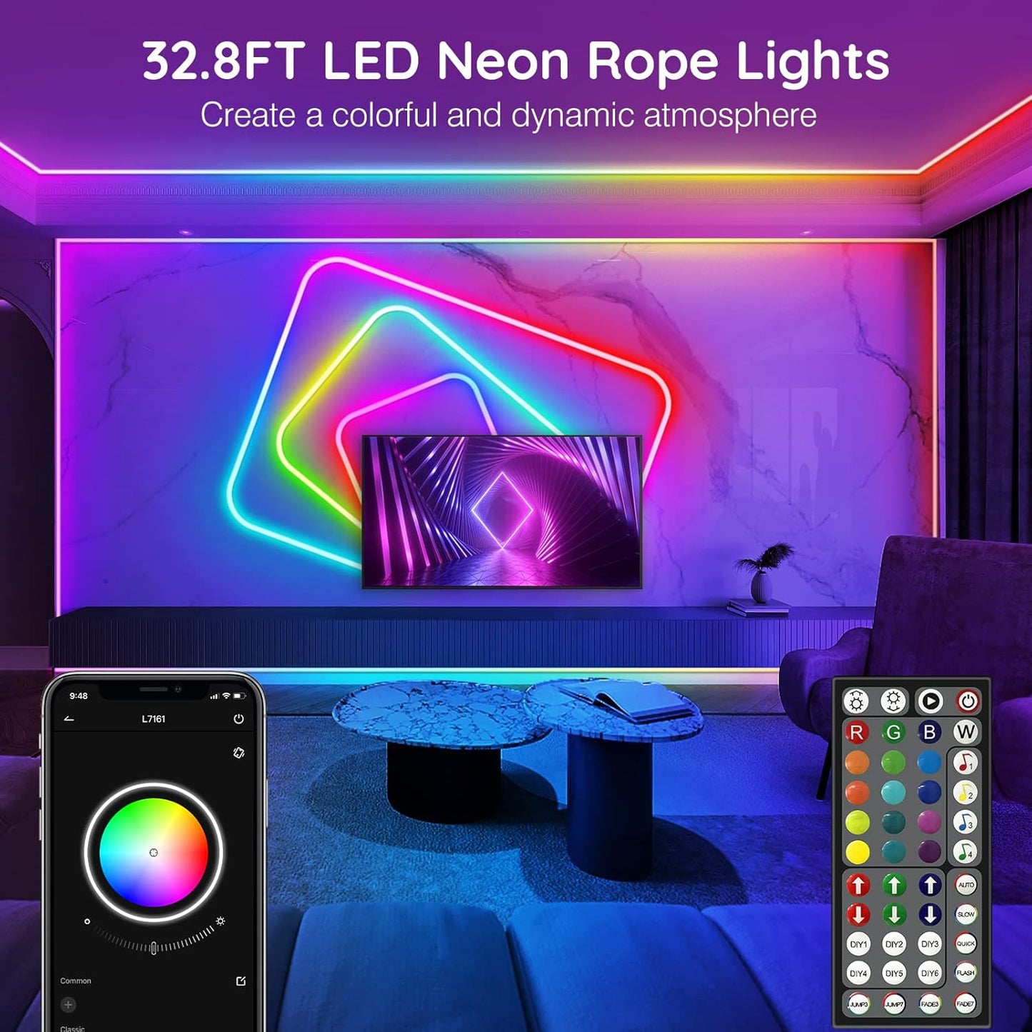 AILBTON 50FT Led Neon Rope Lights Control with App/Remote,Flexible Led Rope Light,Multiple Modes,IP65 Outdoor RGB Lights Waterproof,Music Sync Gaming Led Neon Strip Light for Bedroom Decor (32.8FT)
