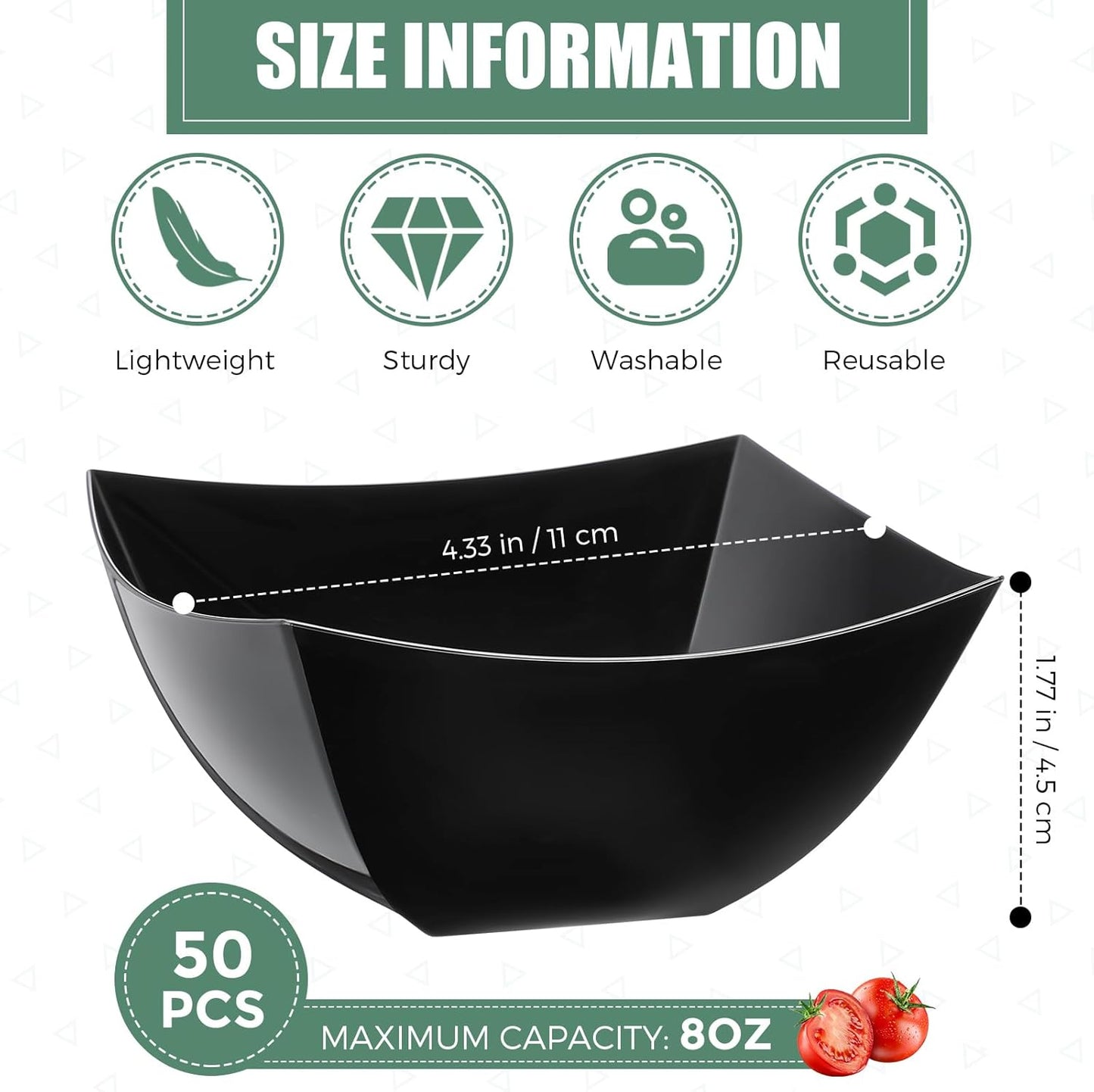 Tanlade 50 Pcs Square Plastic Serving Bowls Disposable Snack Salad Bowl Small Party Candy Bar Containers Taco Bar Serving Dishes for Buffet Chips Fruit(Black,8 oz)