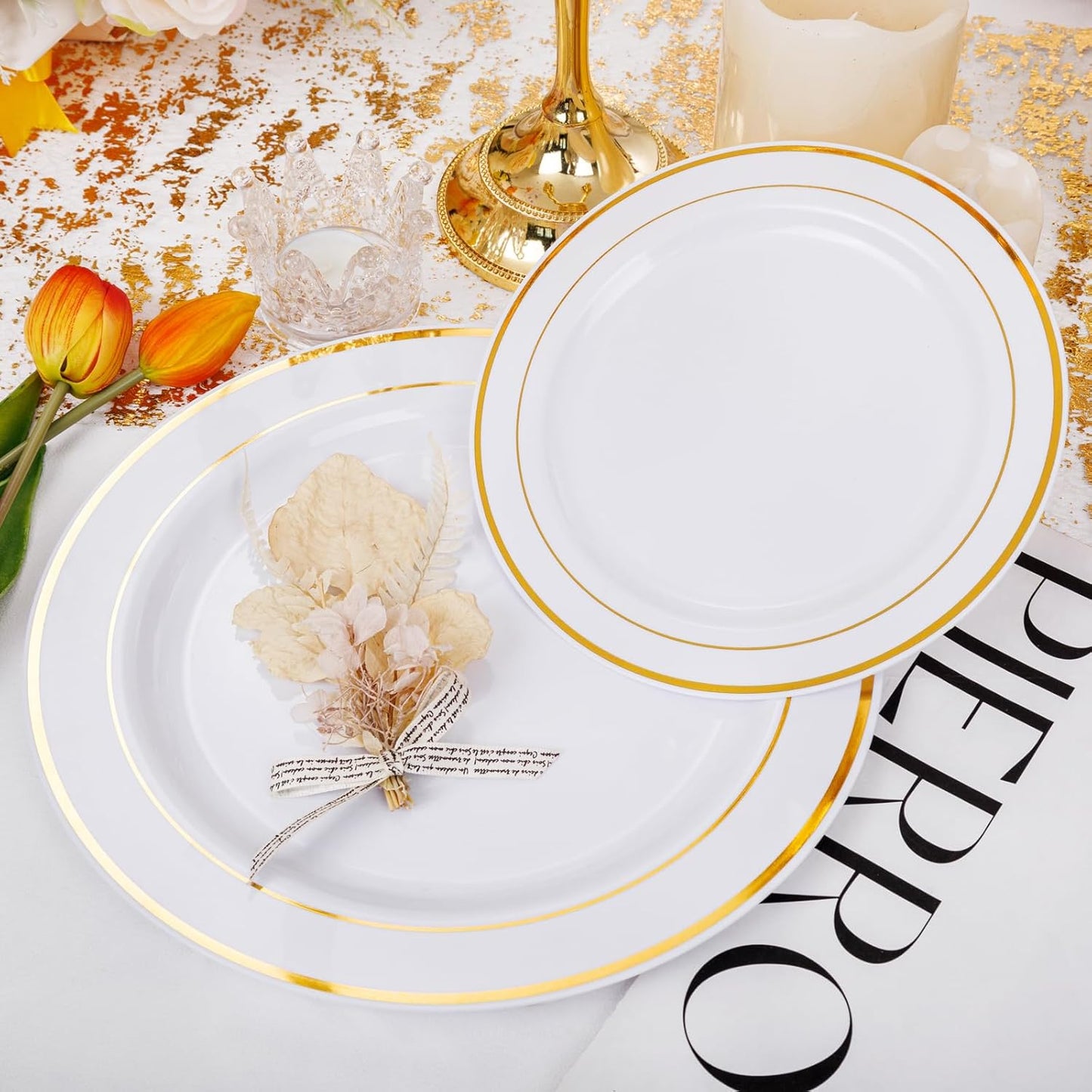 I00000 60 Pieces Gold Plastic Plates, Heavy Duty White and Gold Plastic Plates for 30 Guests Include: 30 Gold Rim Dinner Plates and 30 Gold Dessert Plates Perfect for Wedding, Party & Mother's Day