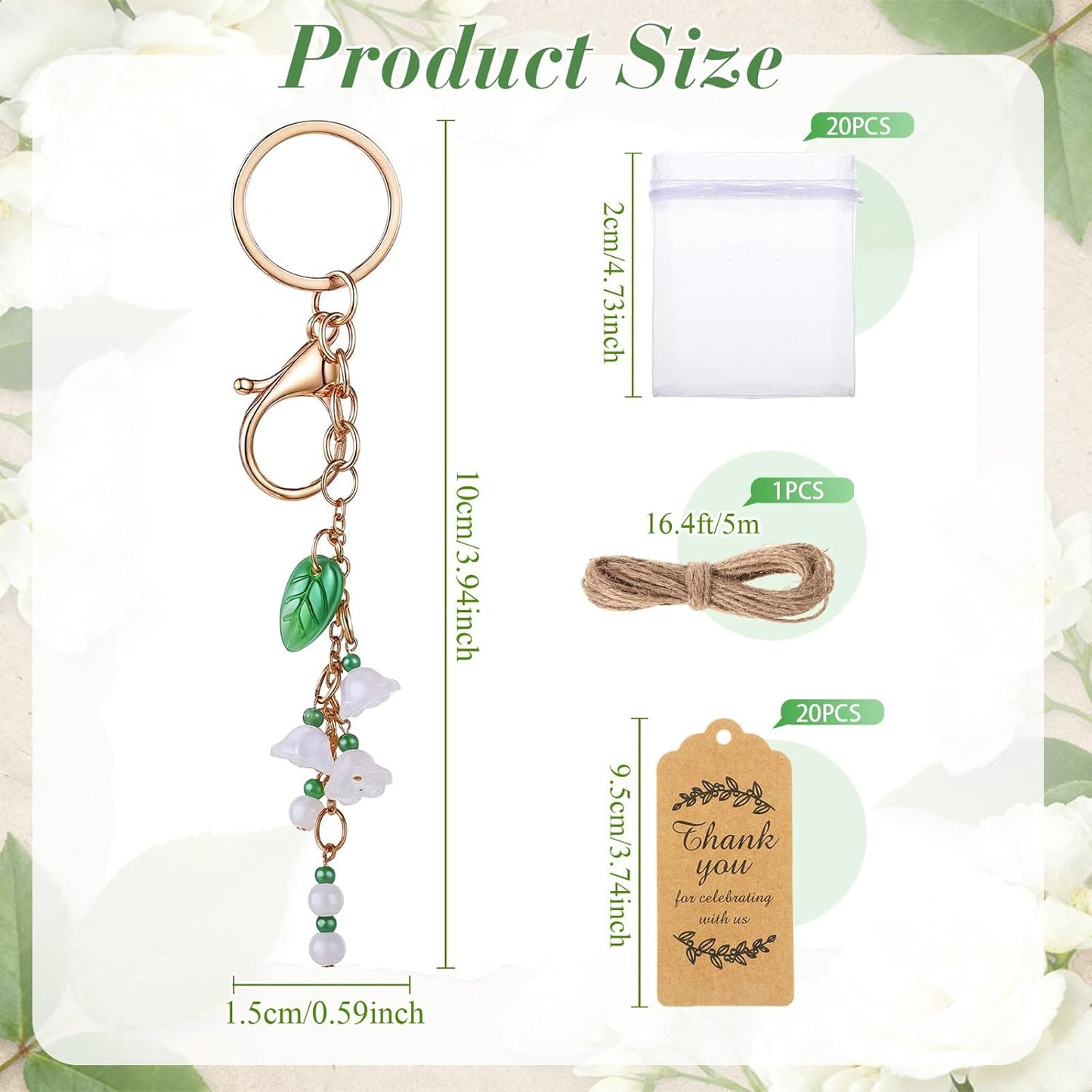 20 Set Christmas Flower Keychain Party Favor Lily of The Valley Keychain Thank You Keyring Gifts with Kraft Tags Organza Bag for Guests Souvenir Baby Shower Wedding Bridal