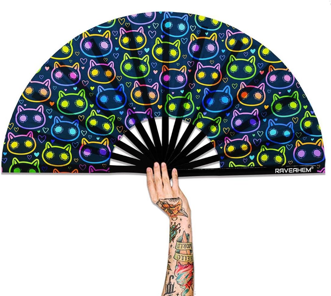 UV Glow Rave Fan, Bamboo Folding Clack Hand Fan for Men Women (Cute Cat, Large 13")