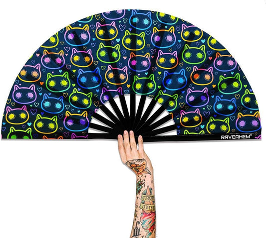 UV Glow Rave Fan, Bamboo Folding Clack Hand Fan for Men Women (Cute Cat, Large 13")