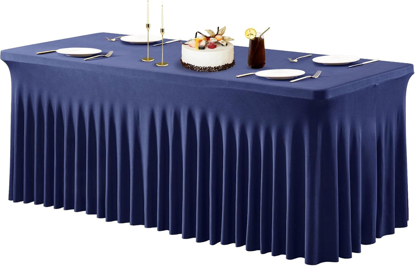 PARTISKY Navy Blue Spandex Tablecloth for 4ft Rectangle Tables, Stretchable Table Cover Skirt for Folding Tables Weddings Parties Banquets Events Trade Shows and Dessert Table