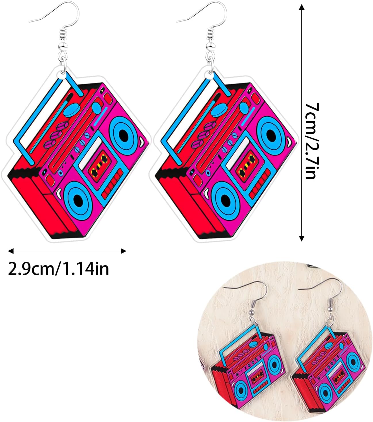 80s 90s Retro Cassette Tape Neon Earrings for Women Acrylic Radio Earring Set for 80s 90s Accessories Cosplay Party Jewelry Gifts