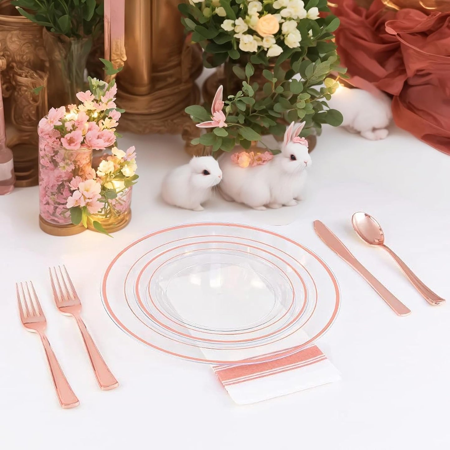 I00000 72 Pcs Rose Gold Plastic Dessert Plates7.5& 70 Pcs Plastic Forks7.4, Premium Salad Plates, Heavy Duty Disposable Plate for Party,Disposable Appetizer Plates Great for Wedding