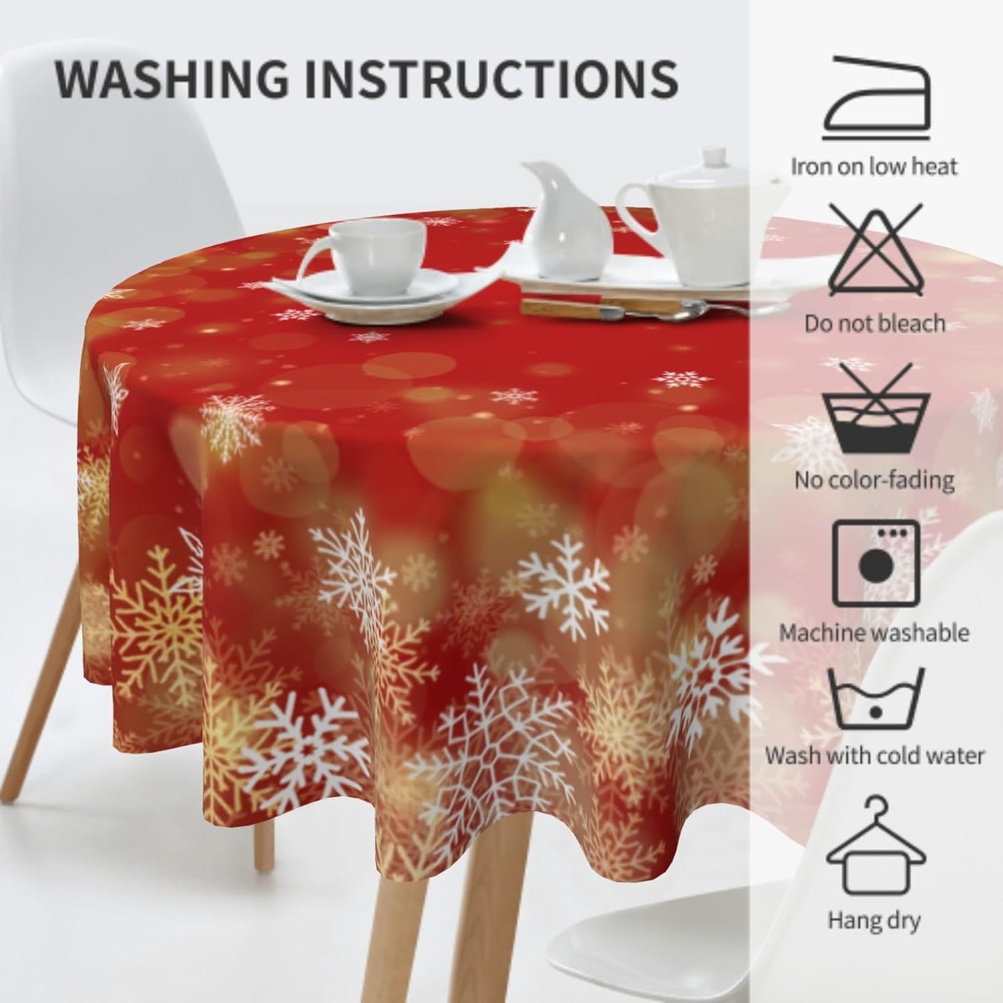 Giwawa Winter Snowflakes Round Tablecloth, Christmas Red Gold White Snow Table Cloth 60 Inch for Kitchen Dining, Xmas Polyester Fabric Non-Slip Table Cover for Holiday New Year Picnic Decor