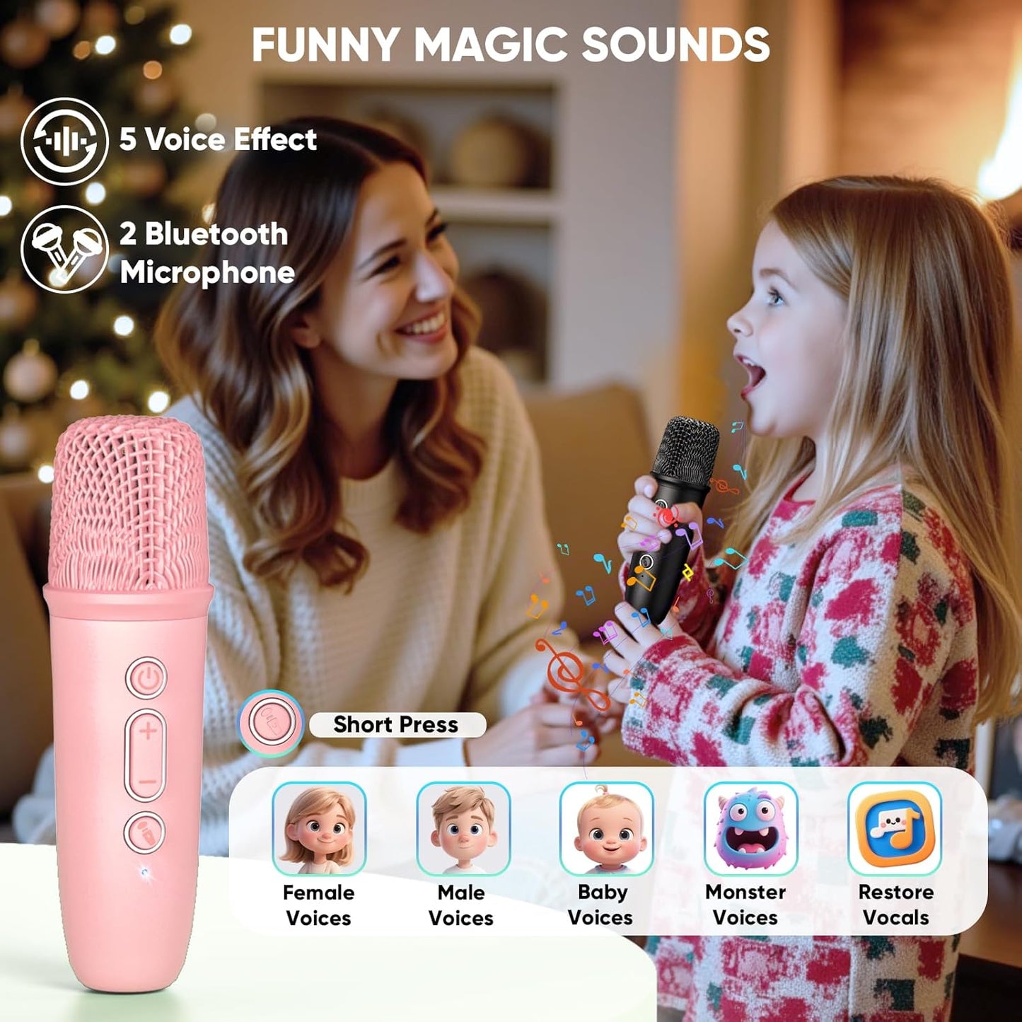 Karaoke Machine with Disco LED Lights for Adults Kids, Portable Bluetooth Speaker with 2 Wireless Microphone Xmas Toys Gifts for Girls Boys Birthday Family Home Party