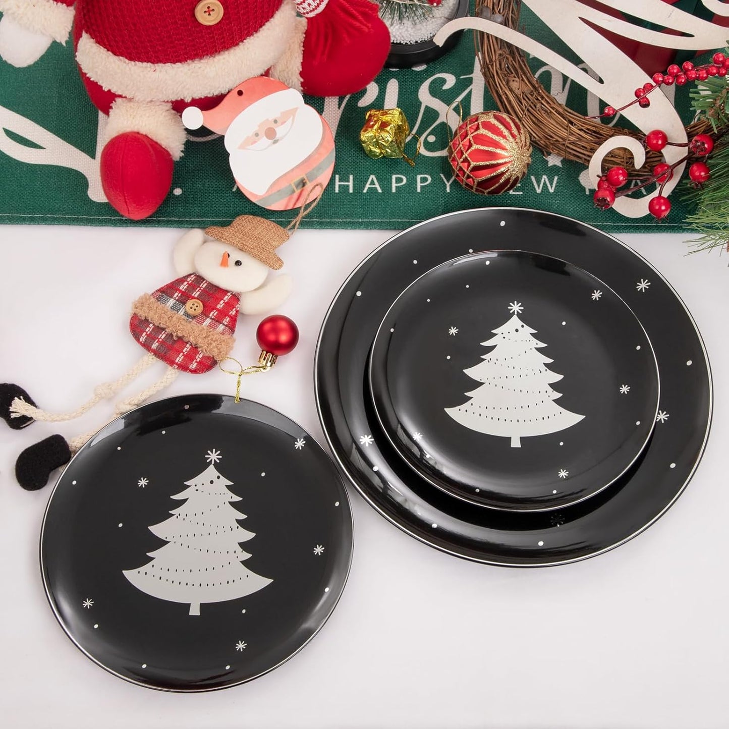 WDF 50 Pieces Christmas Plates Plastic - Black and Silver Plates with Christmas Tree include 25 Dinner Plates, 25 Salad Plates - Black Silver Party Plates for Christmas, Winter