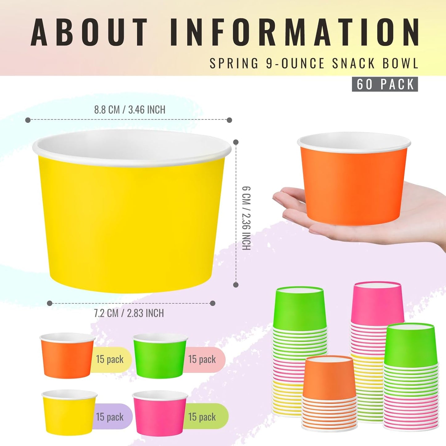 Paper Ice Cream Cups 9oz Colored Disposable Dessert Bowls for Hot or Cold Food Party Cups for Birthday Baby Shower Easter Party Supplies(Neon Color,60 Pcs)