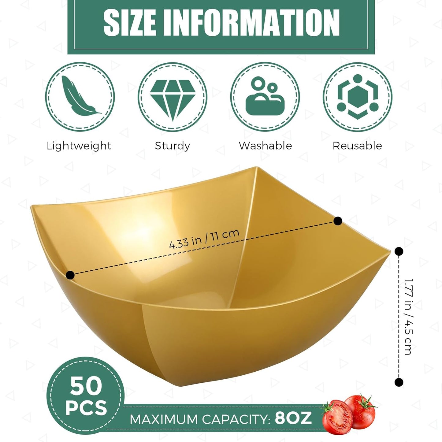 Tanlade 50 Pcs Square Plastic Serving Bowls Disposable Snack Salad Bowl Small Party Candy Bar Containers Taco Bar Serving Dishes for Buffet Chips Fruit(Gold,8 oz)