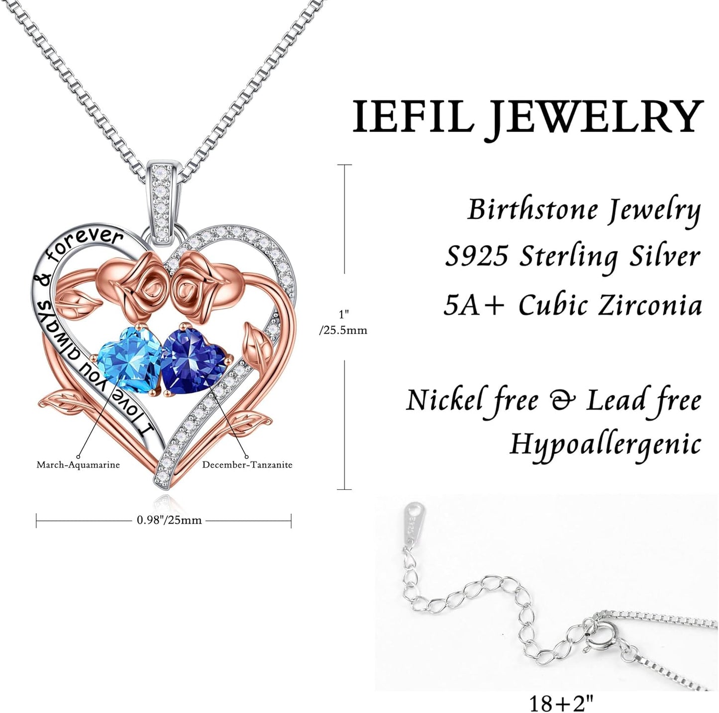 Iefil Rose Heart Double Birthstone Necklace Gifts for Wife Her Mom Women, Birthstone Jewelry Gemstone Birthday Gifts for Girlfriend Grandma Her Wife Women