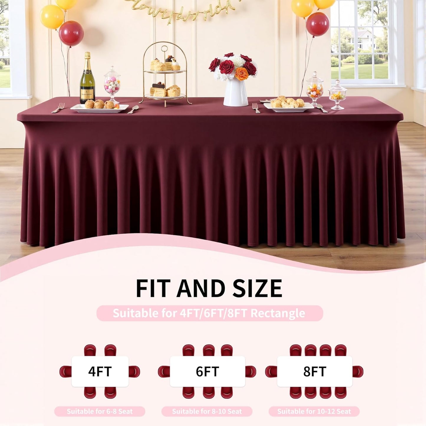 Outpain 6ft Spandex Table Cloth for Standard Folding Tables-6Pack Burgundy Table Cloth Table Protector for Party, Wedding, Cocktail, Banquet, Festival
