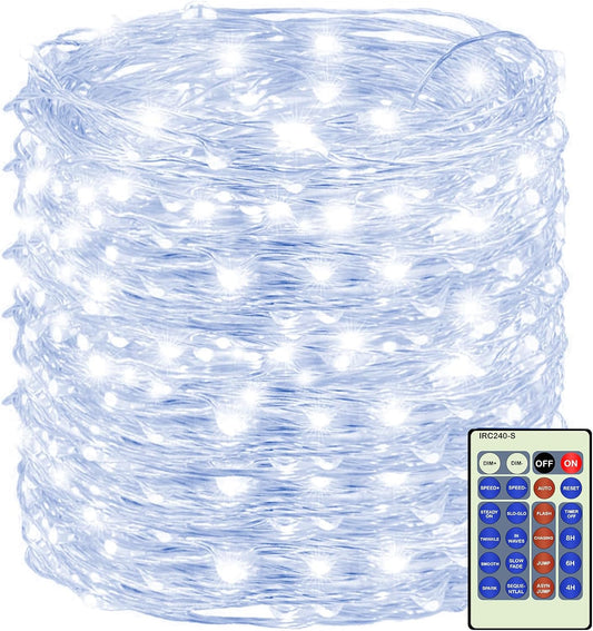 Decute 300Led 99FT Silver Wire Christmas Fairy String Lights Dimmable with Remote Control Starry Lights with UL Cerficated Decorative for Party Wedding Bedroom Christmas Tree Cool White