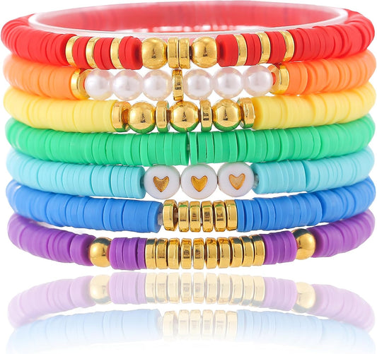 Friendship Bracelets Trendy Heishi Clay Bead Bracelets Stack Gold Beaded Stretch Bracelets for Women Boho Stackable Bracelets Bulk Cute Preppy Jewelry