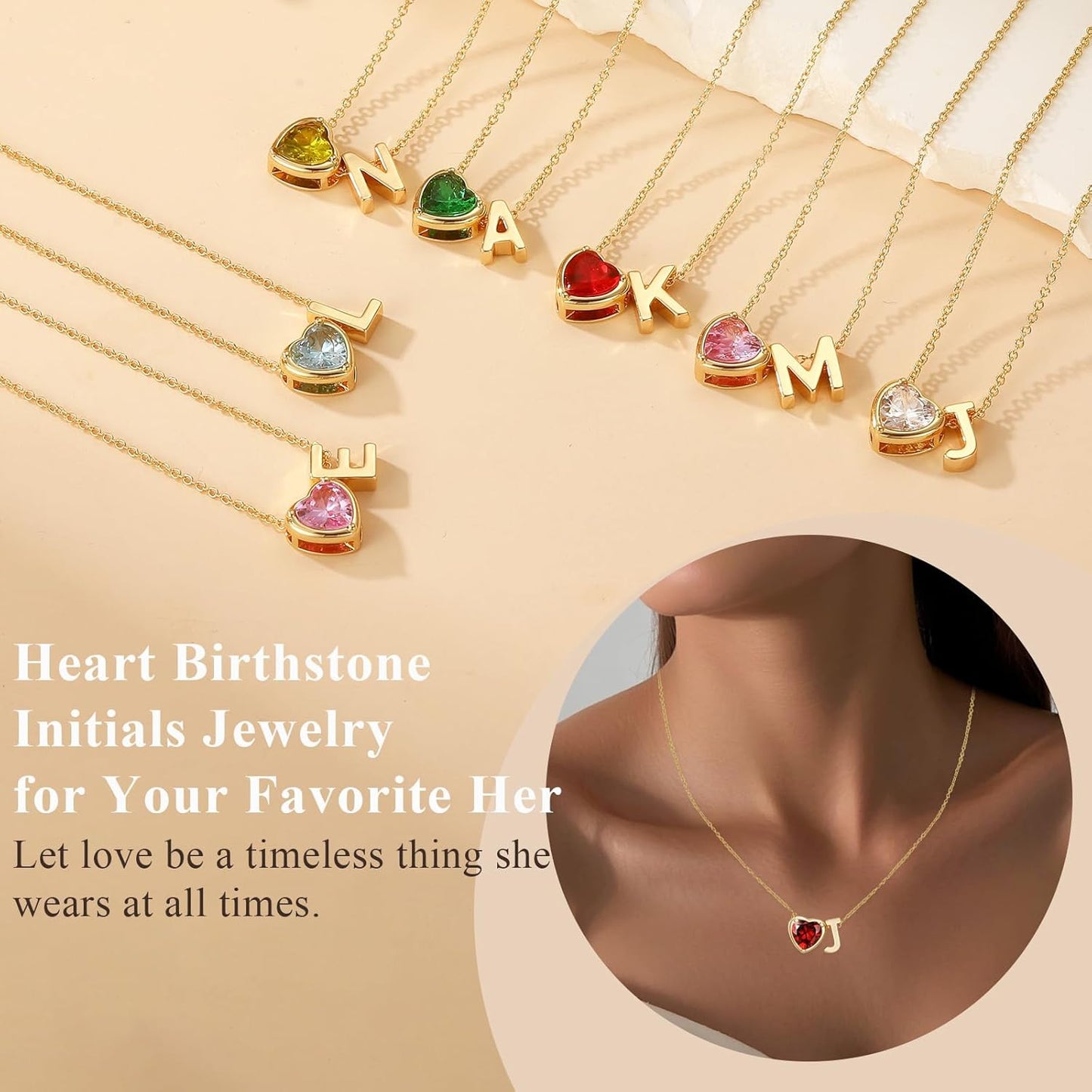 Heart Birthstone Initial Necklace for Women Girls,14K Gold Plated Heart Letter A-Z Necklace Dainty Birthday Trendy Jewelry Gifts for Women Girls Daughter