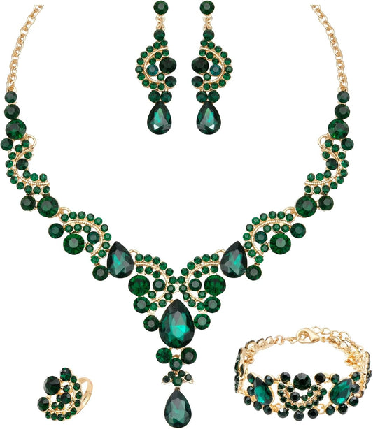 CSY Elegant Crystal Necklace Earrings Bracelet Ring Bridal Wedding Party Costume Jewelry Sets for Brides Women