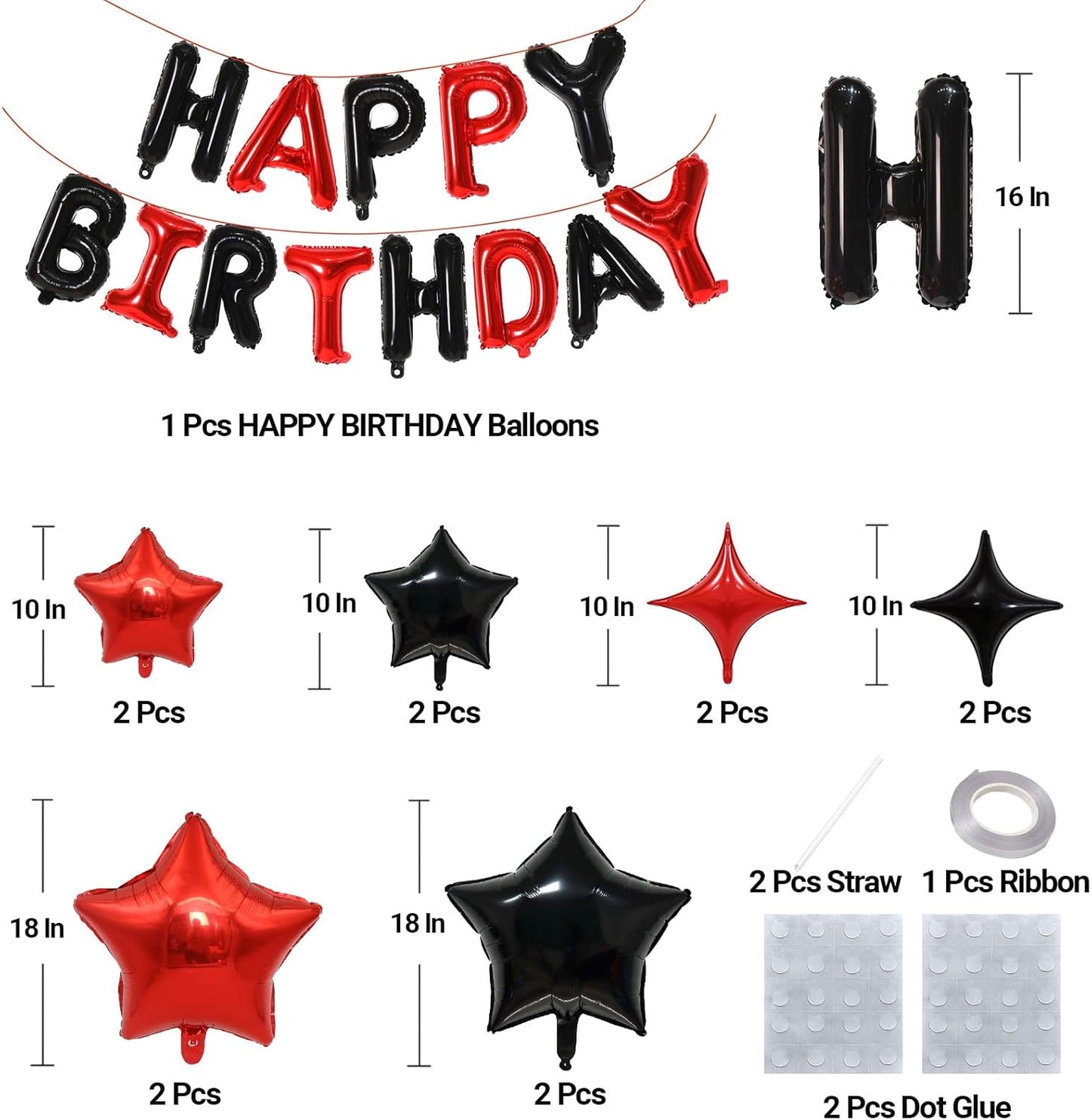 KALOR Black and Red Happy Birthday Balloons Kit with16 Inch Mylar Foil Letters Balloon and Star Balloons for Women, Men, Boys & Girls Kids Birthday Decorations Photo Backdrop