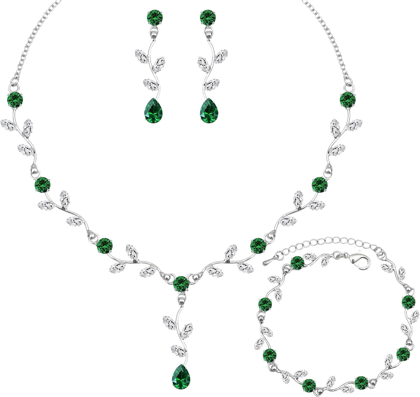 Elegant Bridal Jewelry Sets for Wedding Bride Leaf Shape Cubic Zirconia Necklace Earrings Bracelet Set Prom Costume Accessories