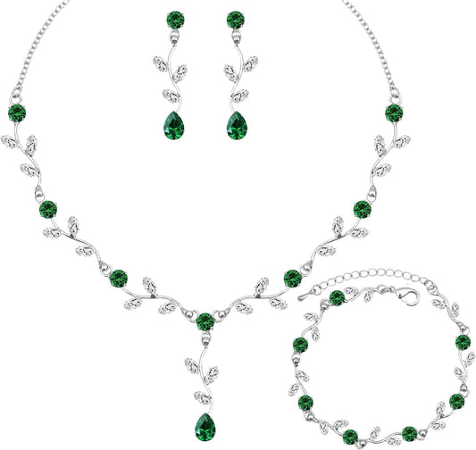 Elegant Bridal Jewelry Sets for Wedding Bride Leaf Shape Cubic Zirconia Necklace Earrings Bracelet Set Prom Costume Accessories