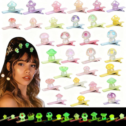 30 Pcs Mini Glow Hair Clips Girls Rave Hair Clips for Women Christmas Music Festival Holiday Party Supplies (Cute Mushroom)