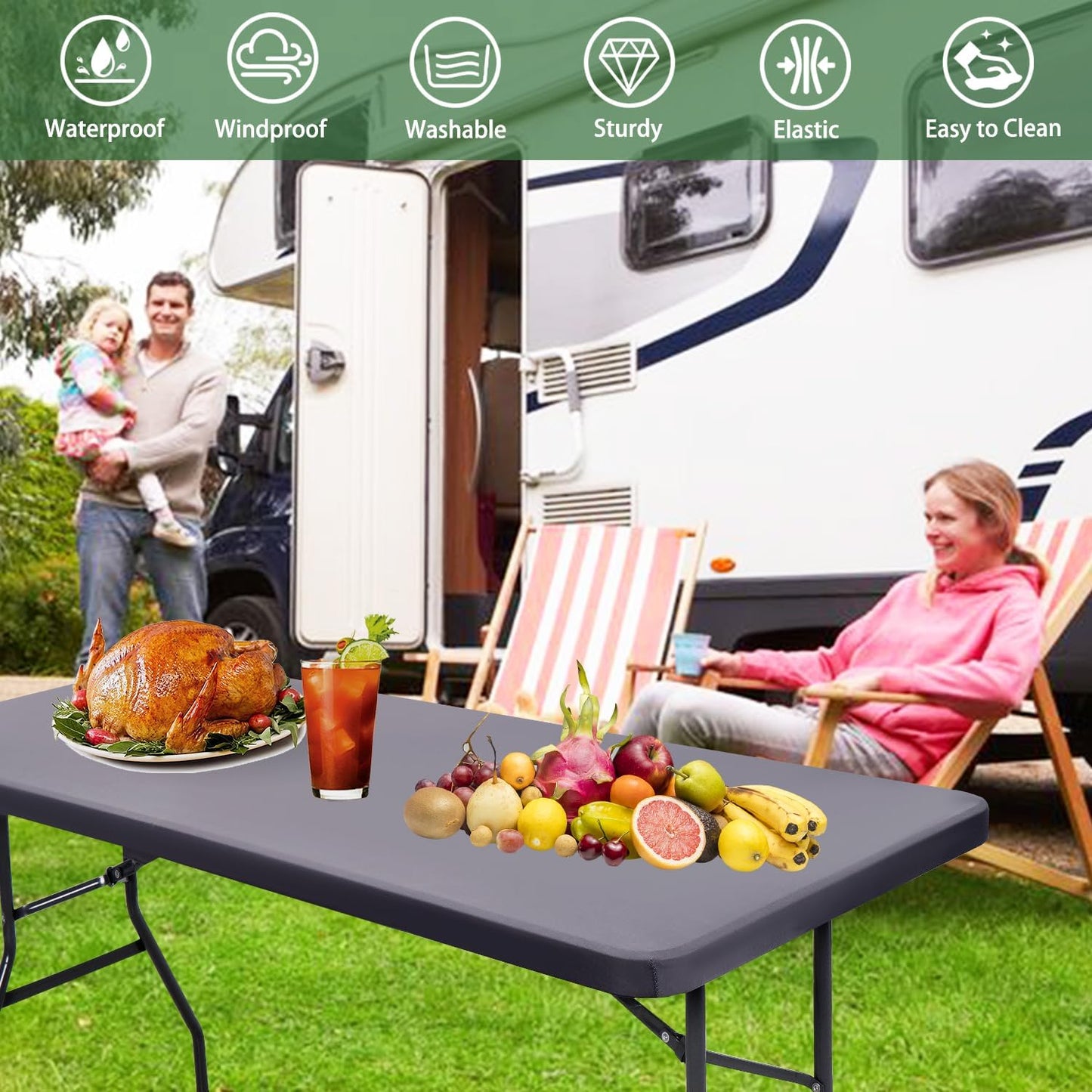 6 Pack Picnic Table Cover Outdoor Elastic Fitted Tablecloths for 8 Foot Rectangle Tables Waterproof Stretch Washable Patio Folding Spandex Table Cloth Camping Banquet Parties (Light Grey,30" x 96")