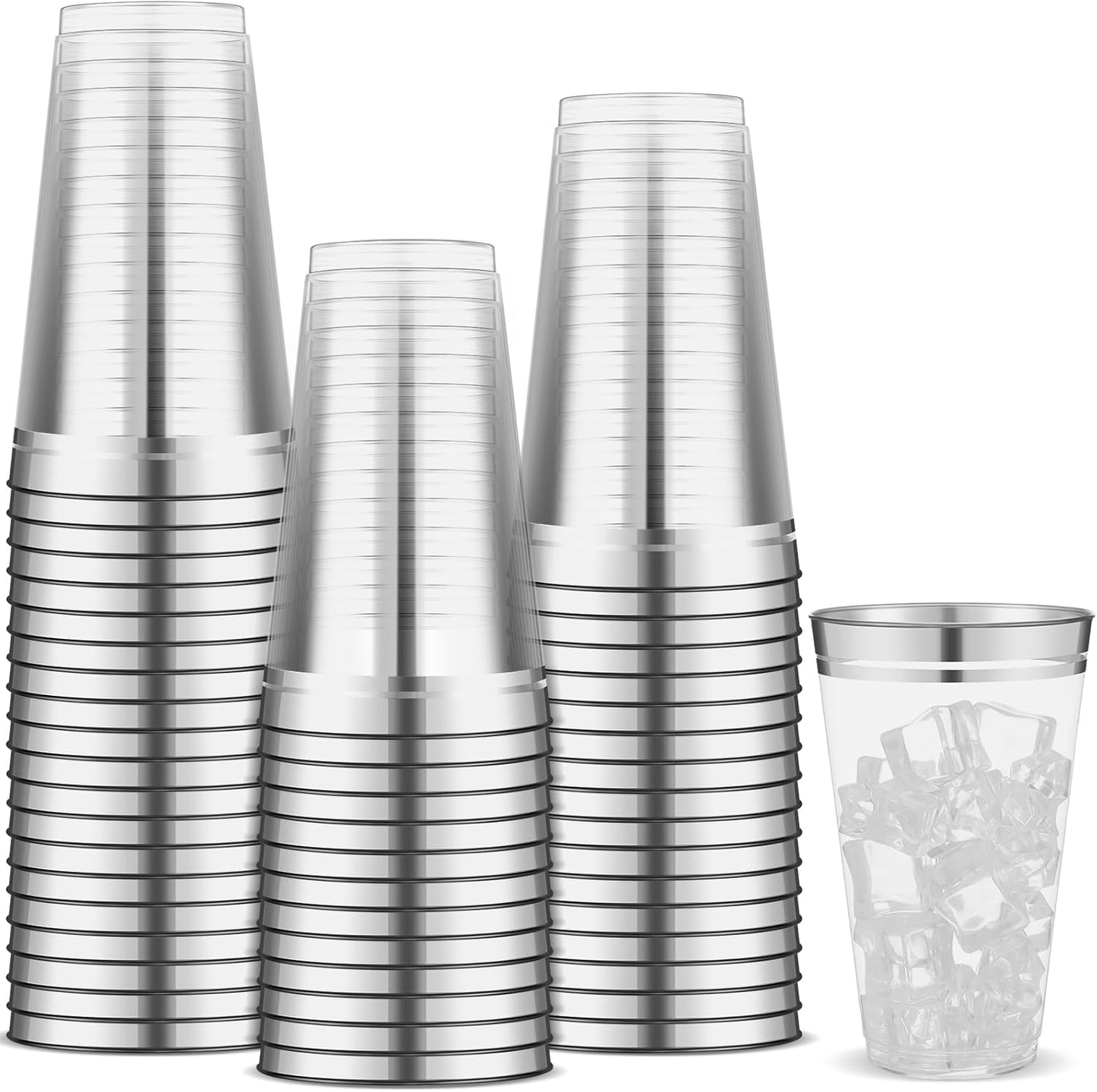 Sliner 50 Pcs Hard Plastic Cups Double Rimmed Plastic Cups Heavy Duty Fancy Disposable Wine Glasses for Holiday Wedding Graduation Birthdays Christmas Valentine Parties(16 Oz,Silver)