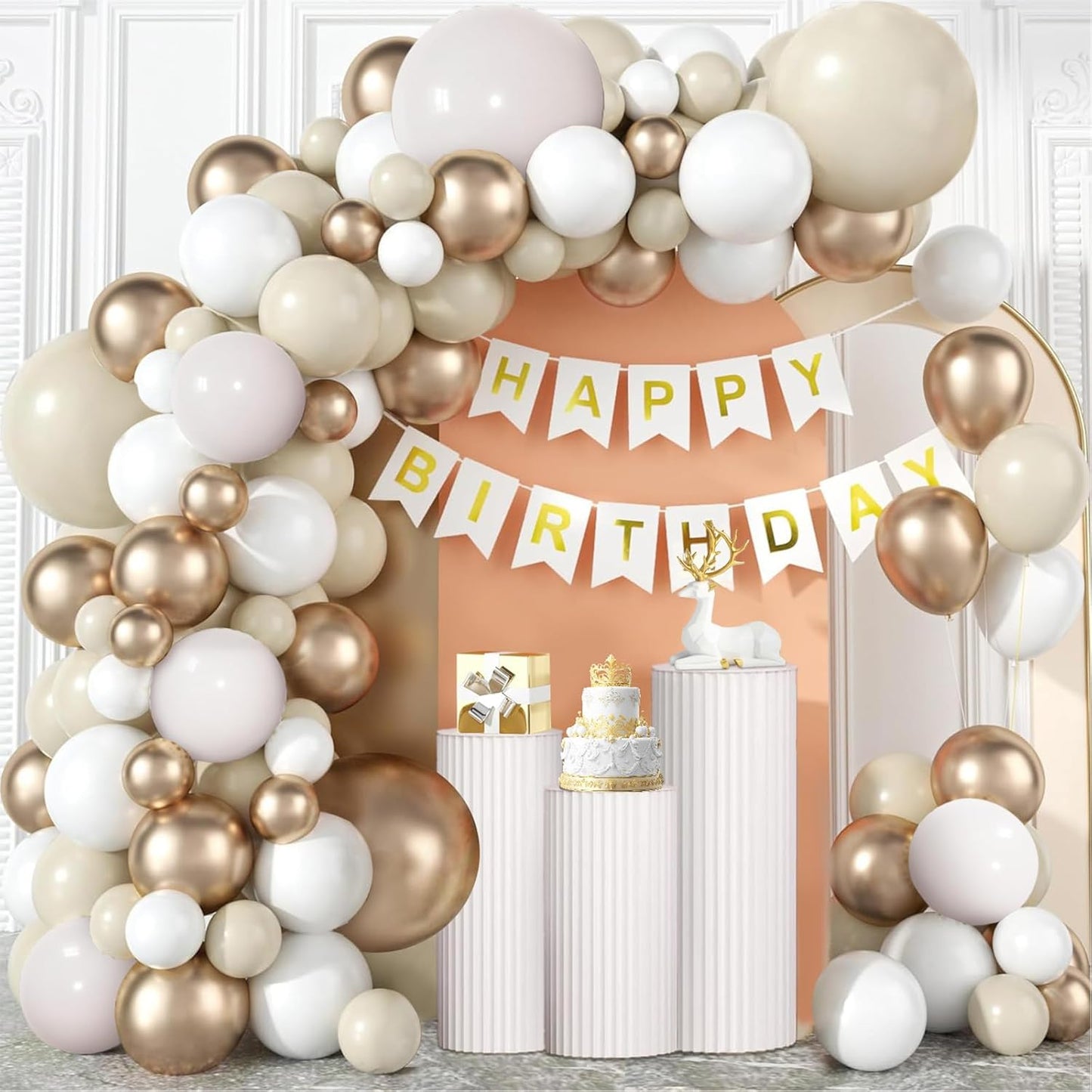 Sand White Gold Balloons Arch Kit, Beige Nude White Balloon with Champagne Gold Balloons Garland Kit for Boho Birthday Wedding Bridal Shower Engagement Party Decorations