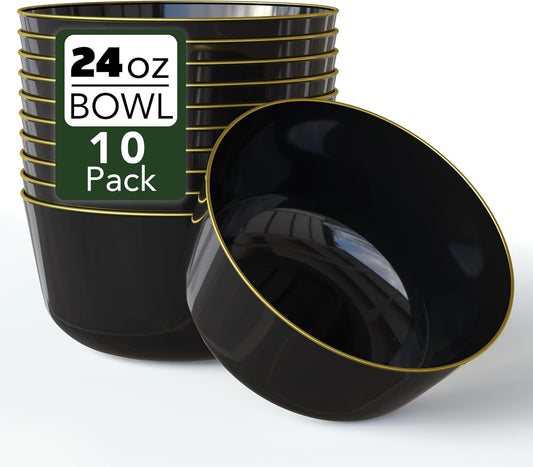 Trendables Plastic Bowls Disposable Bowls 24 Oz Bowl Set Of 10 Black Gold Rimmed Fancy Plastic Serving Dishes Perfect for Parties and Events Disposable Candy Bowl