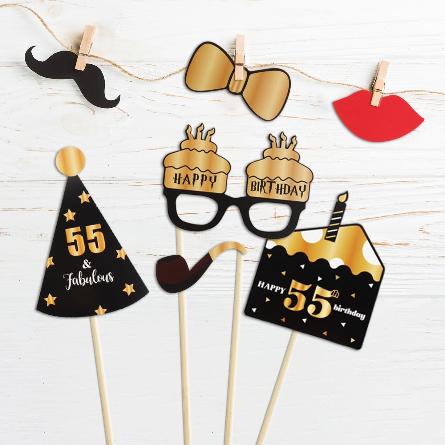 LINGTEER Happy 55th Birthday Party Photo Booth Props, Cheers to 55th Birthday, 36pcs Paper Photo Booth Props, Gold Color, Letter Print Pattern