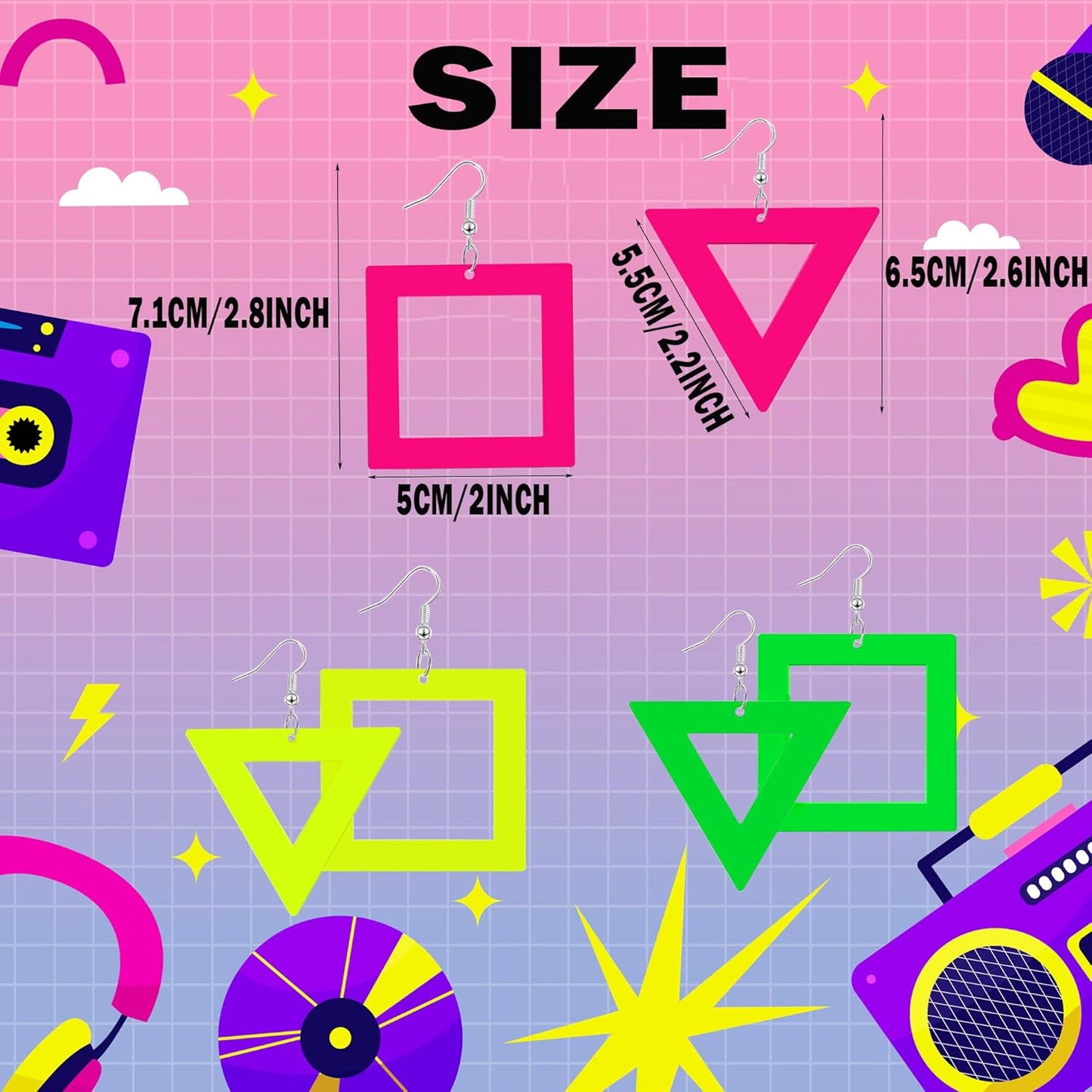 80s 90s Neon Earrings for Women Retro Cassette Tape Hoop Earring Candy Color Lightweight Acrylic Stud Dangle Earrings for 80S Costume Outfits Dancing Glow Party Accessories