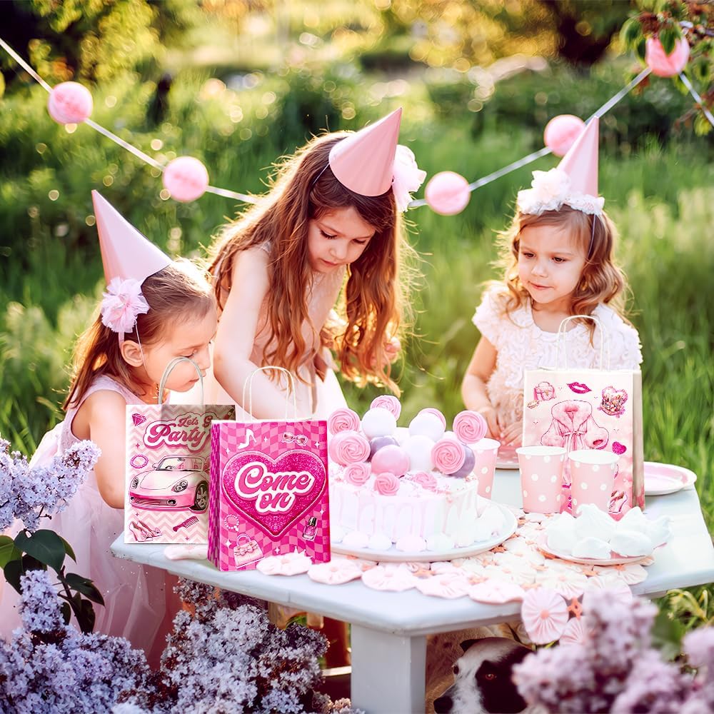 24 Pcs Princess Party Favor Bags with Handles - Pink Goodie Bags Gift Bags. Princess Theme Candy Bags for Kids, Kraft Paper Bags for Birthday Party Supplies and Baby Shower Decorations.