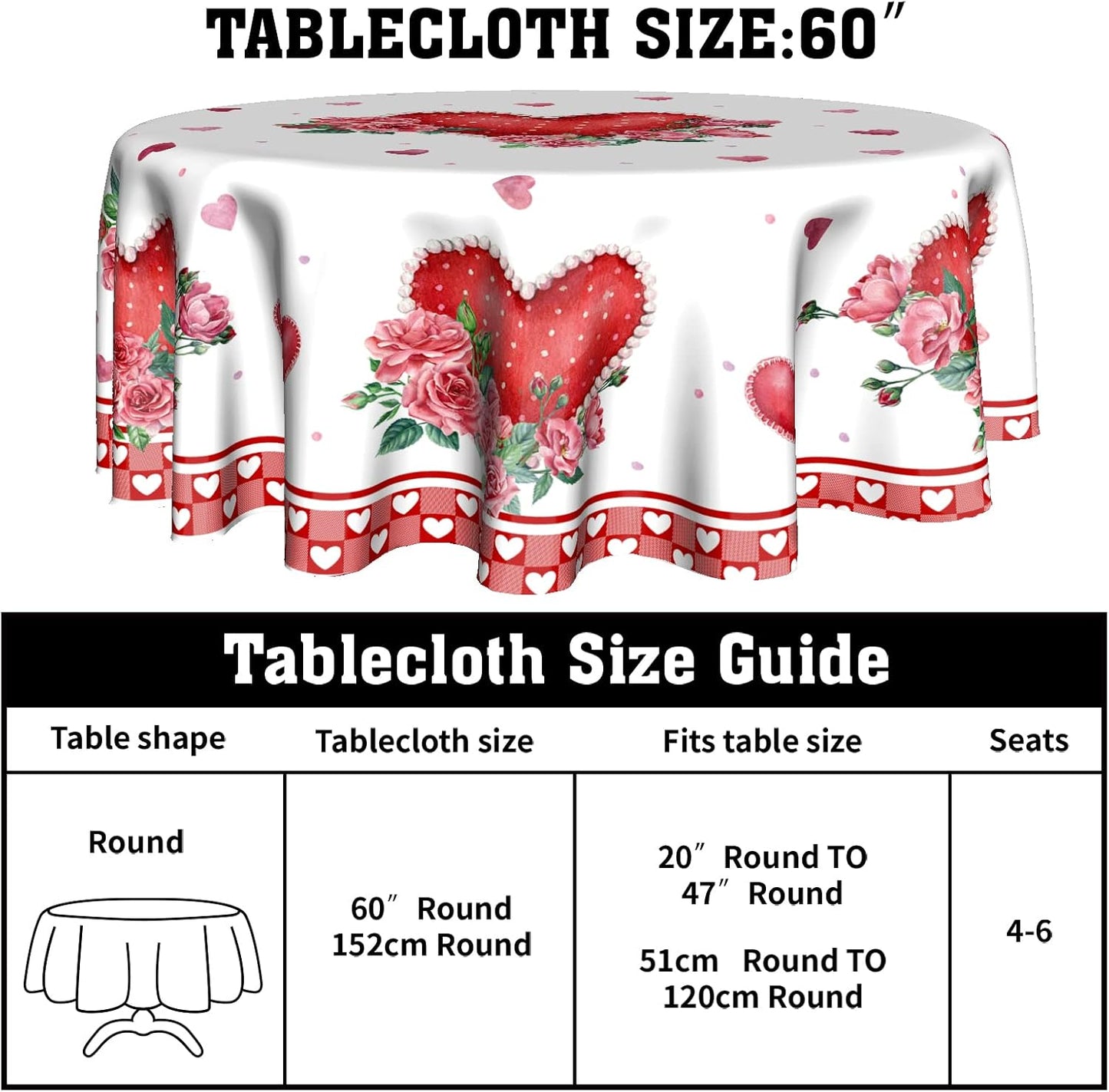 Giwawa Valentines Day Round Tablecloth 60 Inch, Red Pink Hearts Rose Flower Circular Table Cloth with Check Plaid, Love Watercolor Romantic Table Cover for Kitchen Dining Anniversary Decor