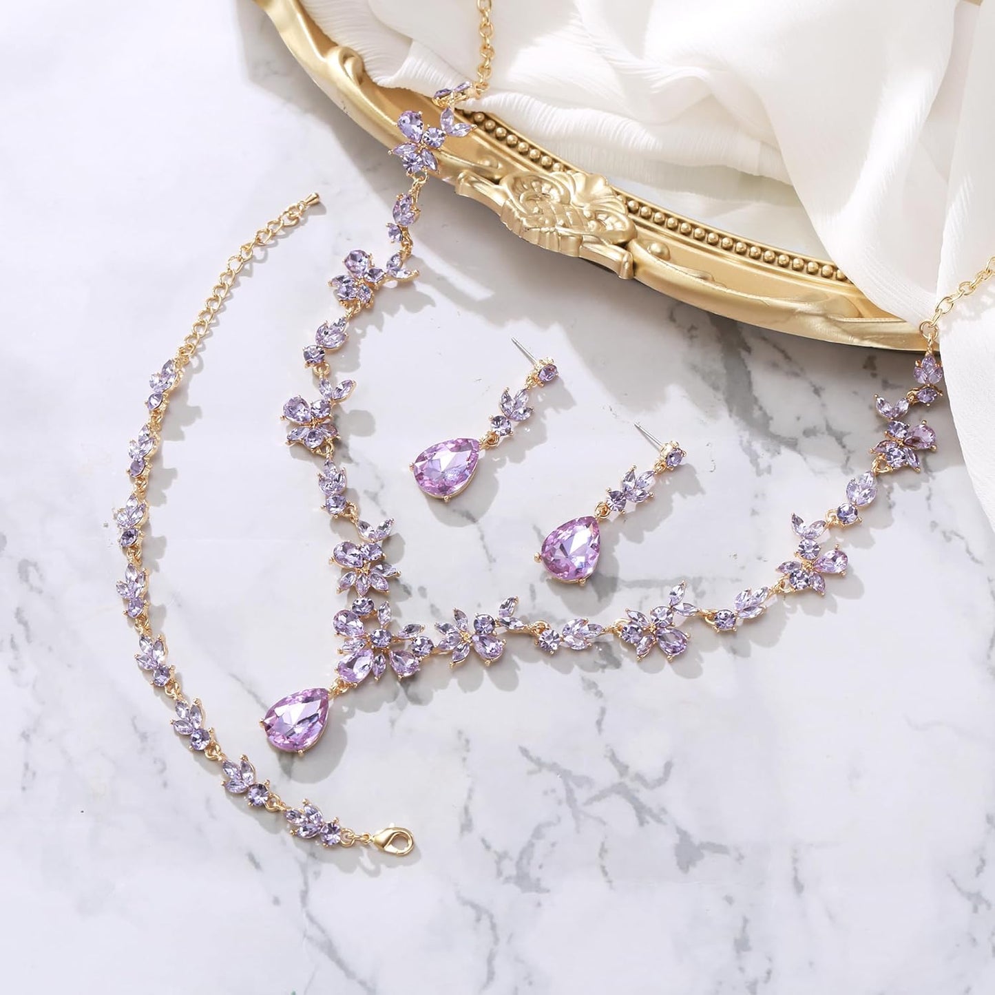 BriLove Wedding Jewelry Set for Women Bride, Y-Necklace Tennis Bracelet Dangle Earrings Crystal Teardrop Marquise Cluster for Bridal Bridesmaid