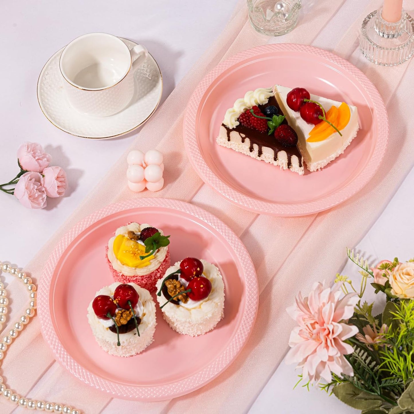 WELLIFE 9 Inch Plastic Plates Pink 50 Count Disposable Plate for Party, Dessert Plates for Dinner Cake Salad Supplies Birthday Valentine's Day, Mother's Day