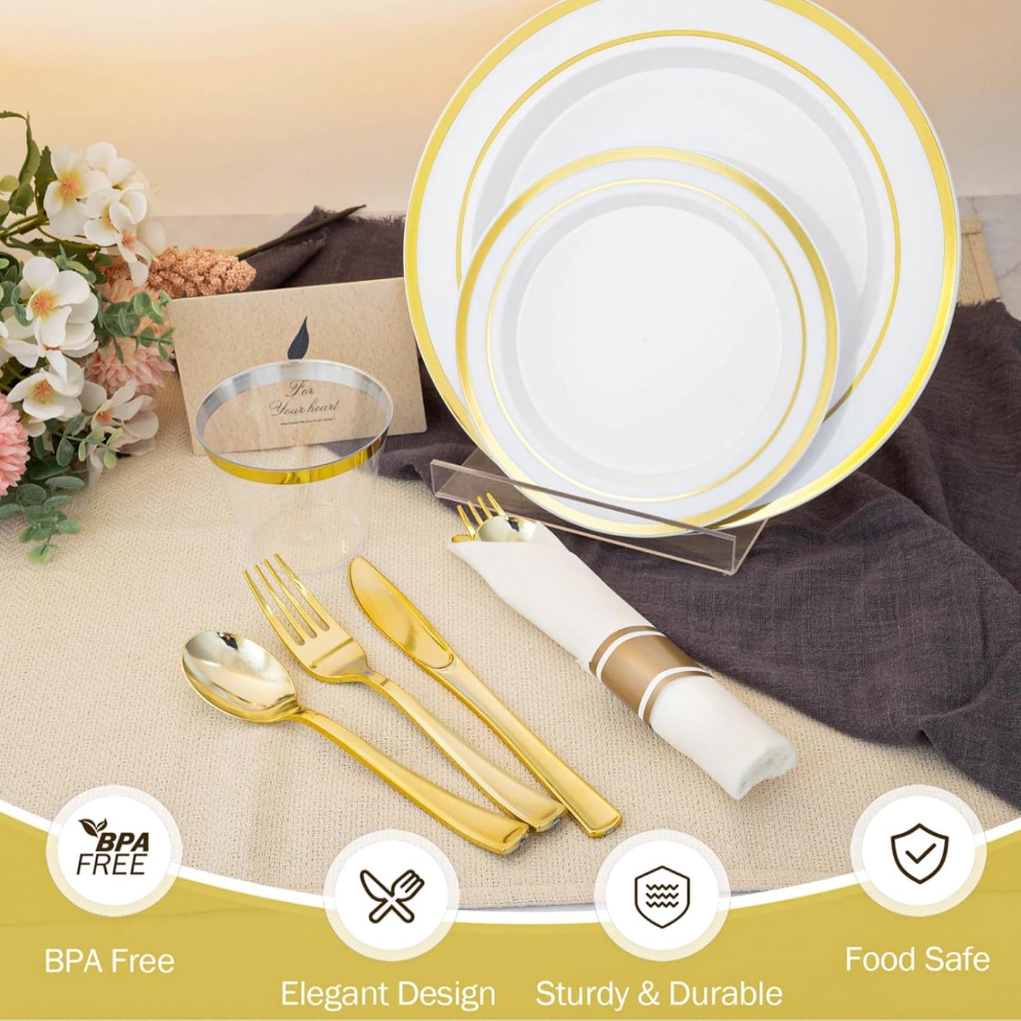 N9R 350 PCS Gold Plastic Dinnerware Set for 50 Guests, Gold Plastic Plates, Disposable Plate for Thanksgiving, Include: 50 Dinner & Dessert Plates, 50 Pre Rolled Napkins with Silverware and 50 Cups