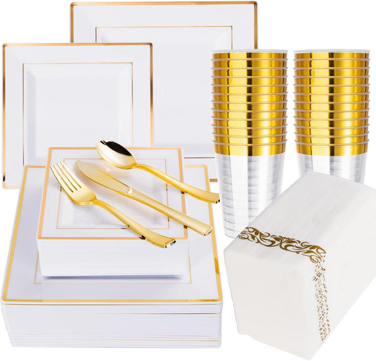 N9R 50 Guest Gold Dinnerware Set-100 White Square Plastic Plates with Gold Rim, 50 forks, 50 Spoons, 50 Knives, 50 Cups, 50 Napkins-Disposable Dinnerware Set for Wedding