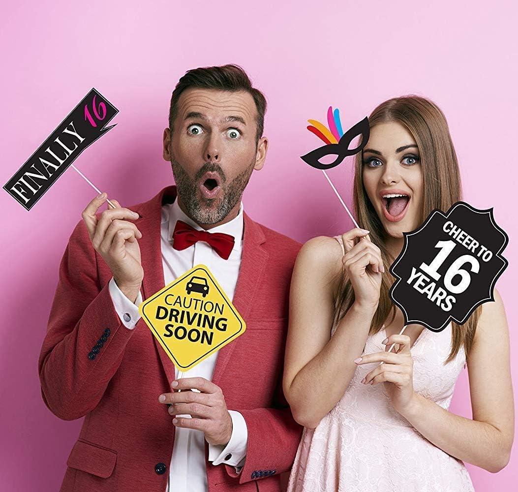 16th Sweet 16 Birthday Photo Booth Party Props - 40 Pieces - Funny 16th Birthday Party Supplies, Decorations and Favors