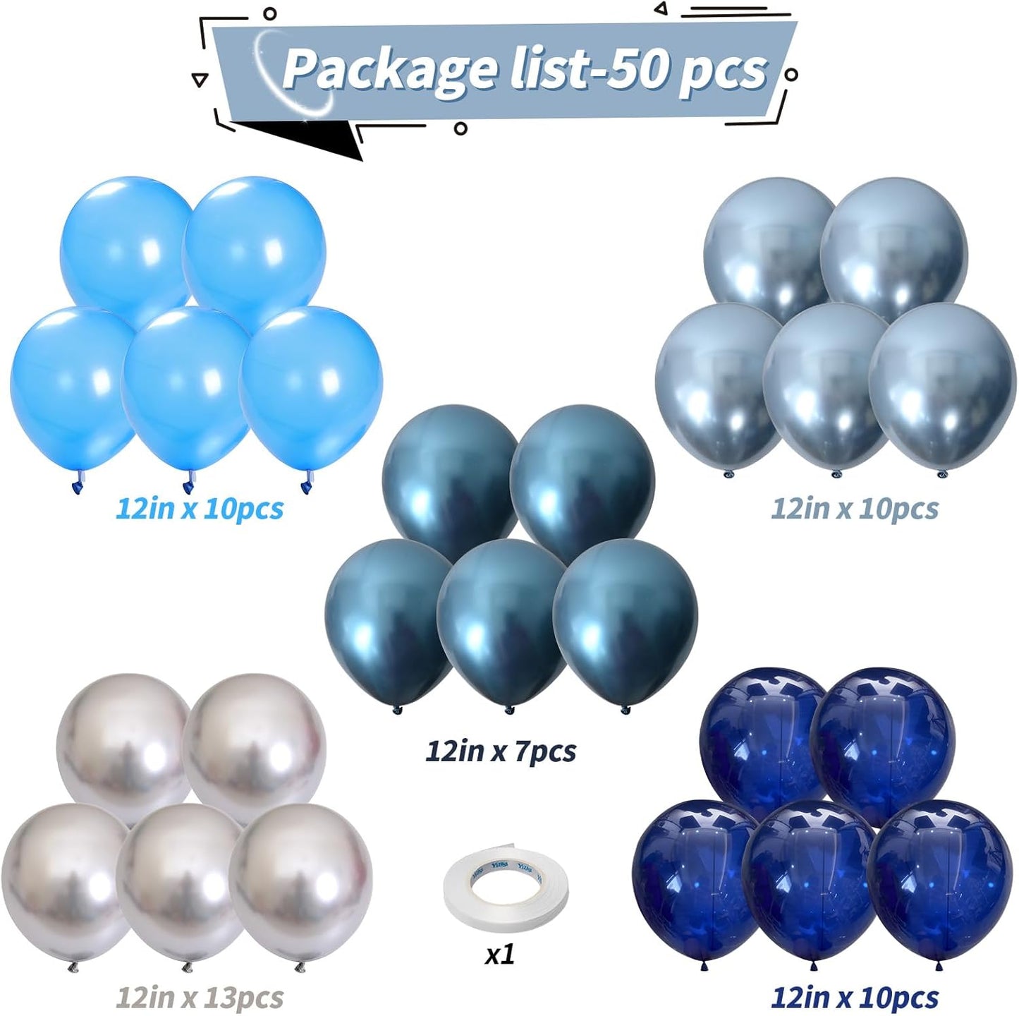 Blue and Silver Balloons, 50 PCS 12 Inch Pearl Royal Navy Blue Latex Party Balloons with Metallic Chrome Silver Helium Balloon for Boys Men Birthday Winter Baby Shower Graduation Retirement Decoration