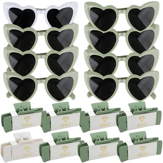 16pcs Bridesmaid Proposal Gifts 4.1inch square Matte Bachelorette Claw Clips Sunglasses set of 12 Girls Trendy Cute Hair Clips for Wedding Party Favors(16pcs White&Sage Green)