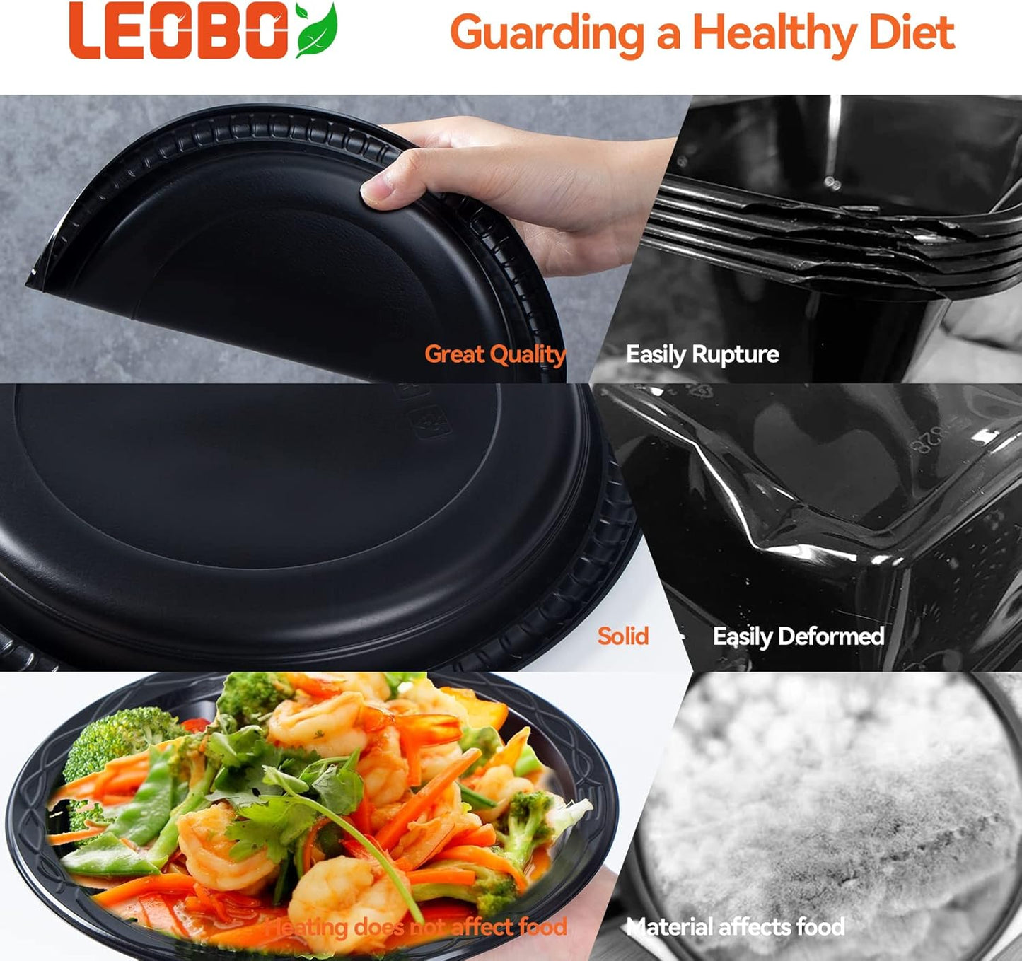 Disposable Plates Mineral Filled PP 9 Inch - 150 Pack Shrink Wrap BPA Free Party Trays | Reusable Dishwasher Freezer & Microwave Safe | Heavy Duty Black Plastic Plate for Party Bulk Catering