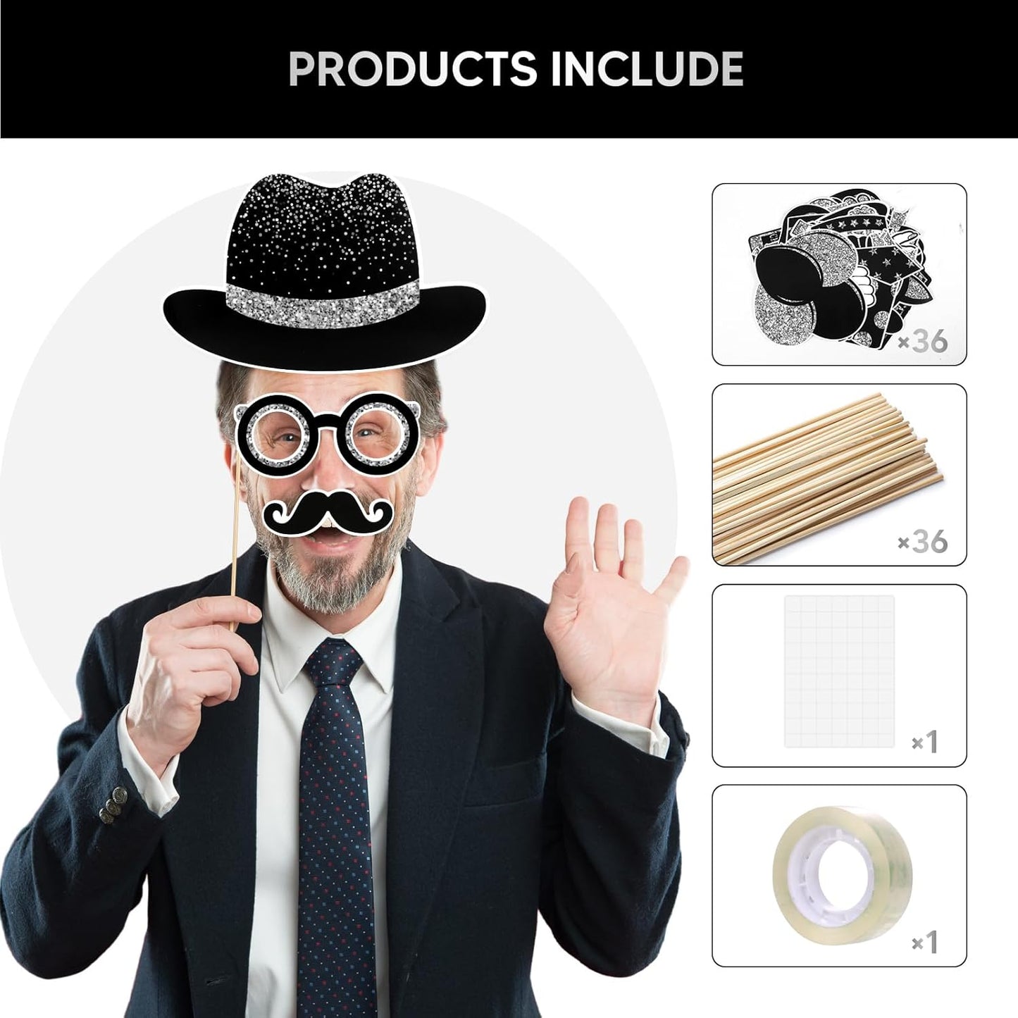 36PCS Silver and Black Photo Booth Prop, Party Photo Booth Props for Photoshoot Birthday Party Photobooth New Year Graduation Anniversary Halloween