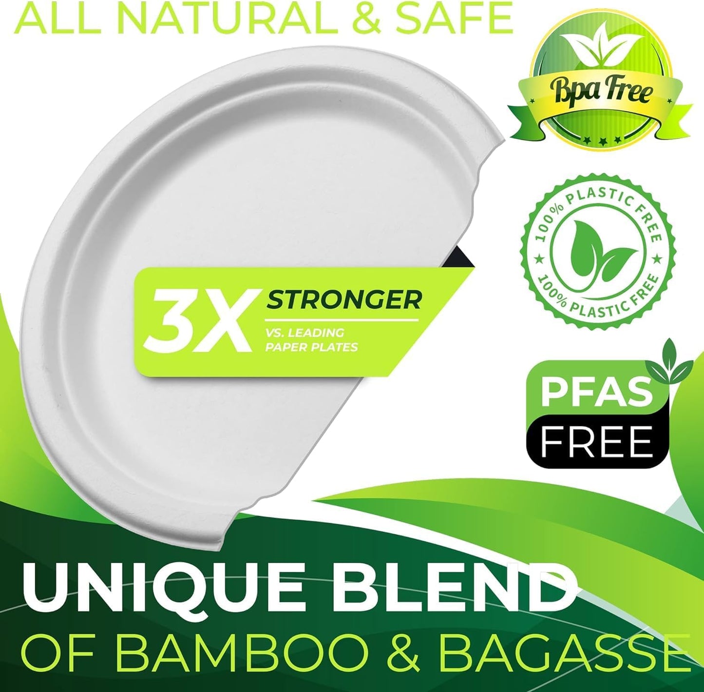 150pcs 100% Compostable 9in Paper Plates, Heavy Duty Disposable Eco Friendly Dinner Plates, Biodegradable Made of Sugarcane Fiber