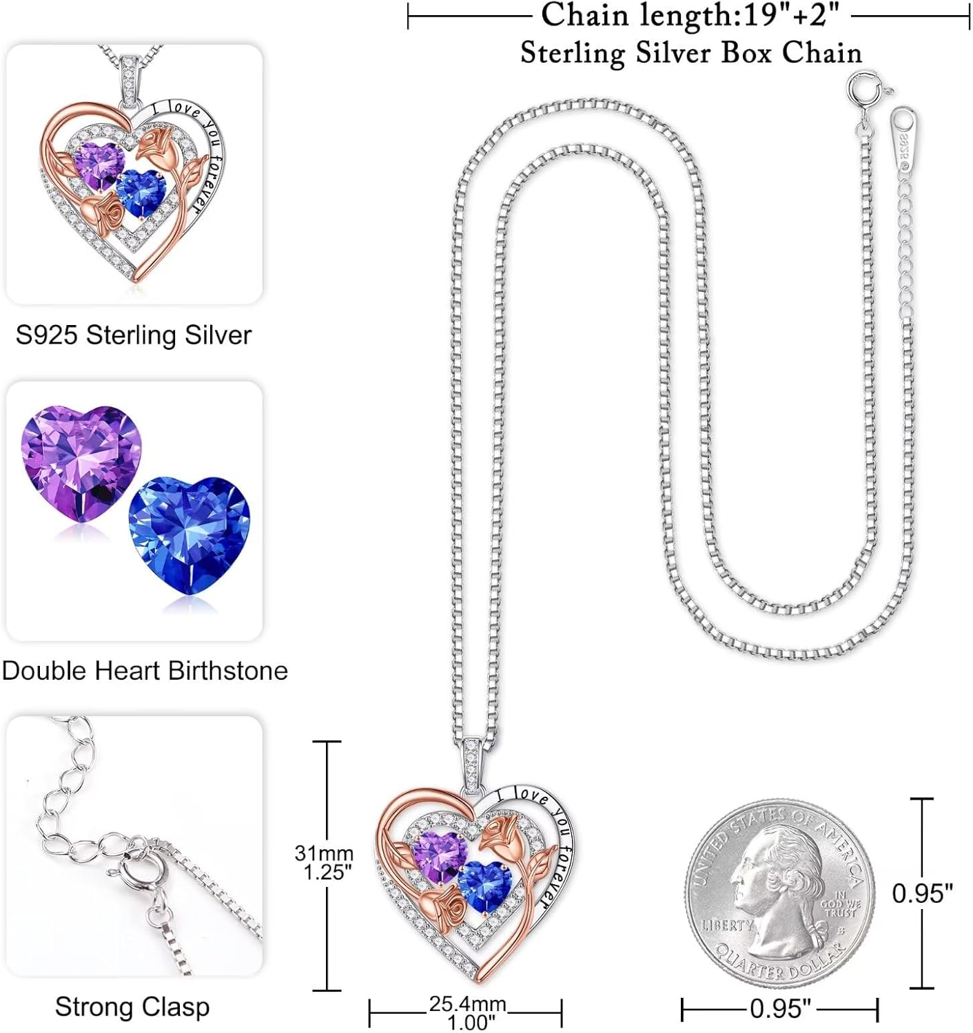 Iefil Birthstone Necklace for Women - Sterling Silver Birthstone Necklace Anniversary Birthday Gifts for Her Wife Mom Daughter